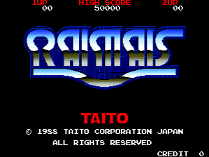 The Raimais title screen displays the game's blue glowing logo in large pixelated letters centered on a black background. Red text reading "TAITO" appears below the logo. A score display at the top shows three numbers in red: 10, 150, and 200, each with a multiplier value below. Copyright information stating "© 1985 TAITO CORPORATION JAPAN" and "ALL RIGHTS RESERVED" is visible in white text at the bottom, alongside a "CREDIT" indicator.