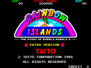 The title screen displays a large rainbow-colored arch logo reading 'RAINBOW ISLANDS' with 'THE STORY OF BUBBLE BOBBLE 2' beneath it in cyan text. Above the arch are three score displays: red numbers showing 100000 on the left, green 'LIFE' counter in upper left, and blue '20P' indicator in upper right. Below the logo, yellow text reads 'EXTRA VERSION' between red star symbols, followed by 'TAITO' in red. At the bottom, white copyright text states 'TAITO CORPORATION 1988' and 'ALL RIGHTS RESERVED' with 'CREDIT' text. The black background contrasts with bright neon-colored text and the multi-colored arch design typical of late-1980s arcade aesthetic.