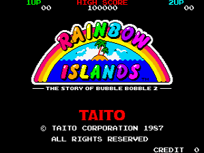 The title screen displays a large rainbow arch with 'RAINBOW ISLANDS' in colorful letters beneath it, centered on a black background. A score panel spans the top with 'LIFE' showing 00 on the left, 'HI' displaying 100000 in the center, and '2UP' with 00 on the right. Below the title, 'THE STORY OF BUBBLE BOBBLE 2' appears in smaller text. At the bottom, 'TAITO' is printed in red, followed by copyright text '© TAITO CORPORATION 1987', 'ALL RIGHTS RESERVED', and 'CREDIT' in white text.