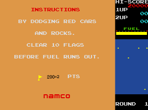 The title screen displays instructions on an orange background in red pixelated text: 'INSTRUCTIONS BY DODGING RED CARS AND ROCKS. CLEAR 10 FLAGS BEFORE FUEL RUNS OUT.' Below sits a small flag icon with '200-2 PTS' label. The Namco logo appears in red at the bottom left. On the right side, a blue game preview window shows the top-down gameplay area with white dashes and scattered dots. A UI panel indicates score display, fuel gauge in yellow, and 'ROUND 1' counter at the bottom right.