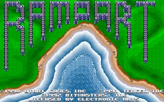 The title screen displays 'RAMPART' in large pixelated purple letters across the top of a bright green background. Below the title, a stylized landscape shows a snow-capped mountain with blue-white peaks and brown slopes, surrounded by turquoise water and sandy beaches. At the bottom, white text reads 'JOURNEY GAMES S. INC.' and other publishing credits in small pixelated font. The overall art style uses flat colors and low-resolution pixel graphics typical of early 1990s DOS games.