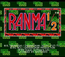 The title screen displays "RANMA 1/2" in large red pixelated letters with a yellow outline, centered within a rectangular border of green and red colors. Behind the title, a repeating green geometric pattern fills the background. Below the title, small green text lists copyright information and credits for R.R. Takahashi, Shogakukan, Kitty Film, and game developers. The overall aesthetic uses a 16-bit color palette typical of early 1990s SNES games.