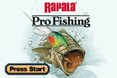 The title screen displays a large Rapala Pro Fishing logo at the top in red and black text, with a detailed watercolor-style illustration of a bass fish below it, rendered in green, orange, and brown tones against a light blue background with water splashes. A yellow-outlined "Press Start" button appears in the lower-left corner. The overall layout uses a clean, centered composition typical of Game Boy Advance title screens.