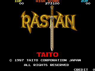 A black background displays the word RASTAN in large golden lettering across the center, with a silver sword positioned vertically behind the text. Above the title, three score values appear in yellow text: TOP 00, HIGH 275100, and 2UP 00. Below the title, TAITO appears in red text. Copyright information for Taito Corporation Japan and the year 1957 is shown at the bottom in white text, along with a CREDIT indicator on the lower right.