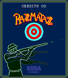 The title screen displays "RAZZMATAZZ" in large orange pixel lettering centered above a cyan and red concentric circle target. Below the target, a yellow-outlined figure in a crouched shooting stance aims a rifle toward the upper right. The background is solid dark blue with a thin gold border framing the entire screen. "CREDITS 00" appears in white text at the top, and the Sega 1983 copyright mark is positioned in the lower right corner.