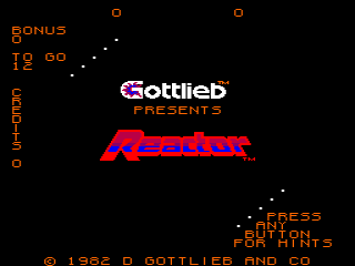 The Gottlieb title screen displays "Gottlieb Presents" in white text, followed by the red pixelated "Reactor" logo beneath it. Orange text reading "Bonus" and point values appears along the left edge in vertical alignment. A series of white dots trails diagonally across the black background in the upper portion. Copyright information "© 1982 D. GOTTLIEB AND CO" is visible at the bottom left in orange text. The screen uses a limited palette of orange, red, white, and black against a solid black background.
