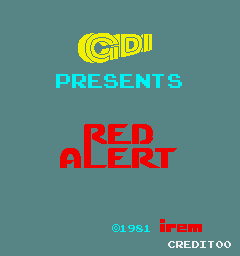 The title screen displays a teal-blue background with the GDI logo in yellow at the top, followed by cyan text reading 'PRESENTS' below it. The main title 'RED ALERT' appears in large red capital letters in the center. At the bottom, small white text shows '© 1981' with 'Irem' in red and 'CREDITOO' in white, indicating copyright and developer information. The overall layout is vertically centered with minimal graphical elements beyond text.