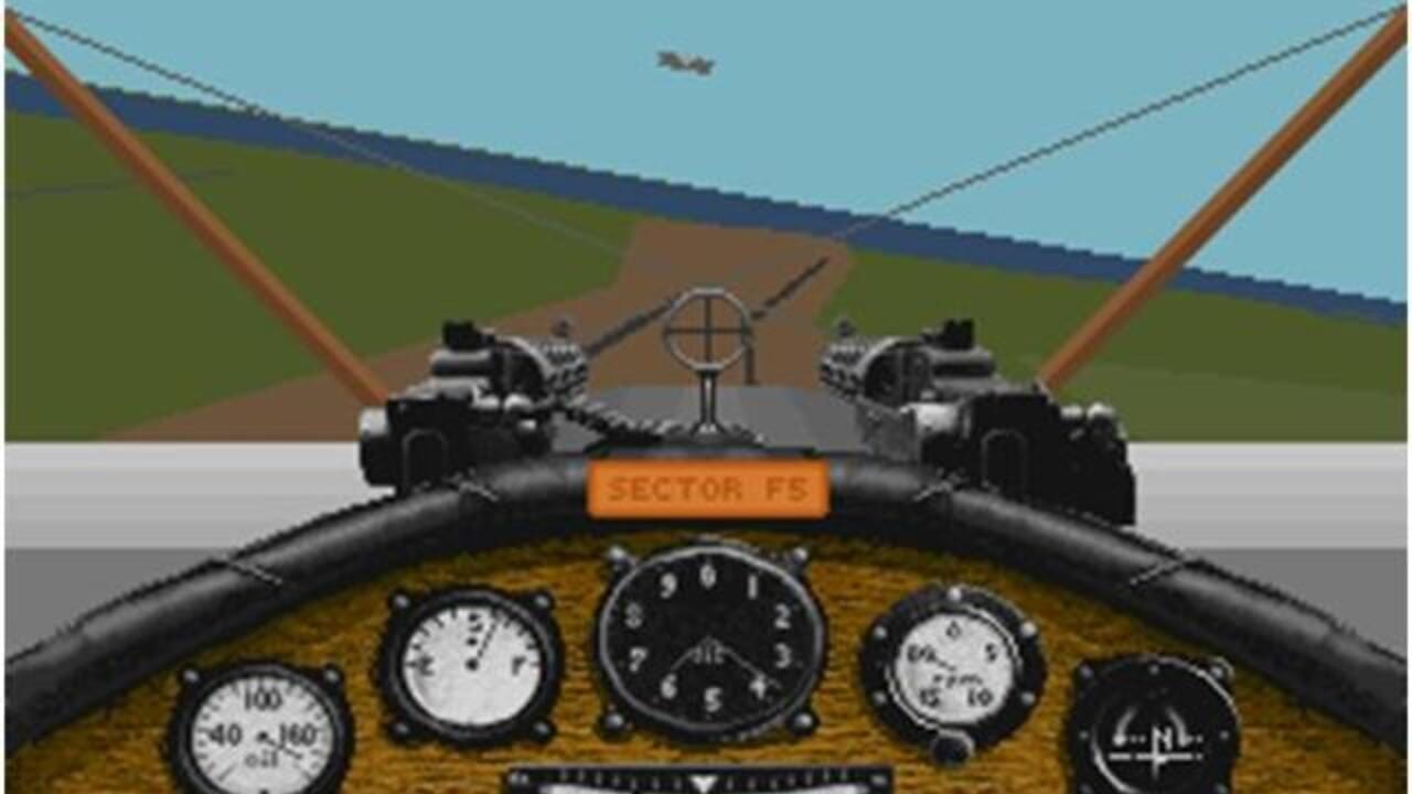 A cockpit view displays five analog instrument gauges on a yellow-brown panel, including an altimeter, clock, and airspeed indicator. Two black aircraft with machine guns occupy the upper portion against a stylized landscape with green fields, brown terrain, and light blue sky. An orange banner reads 'SECTOR F5' above the central gunsight crosshair. A small enemy aircraft appears in the distant sky.