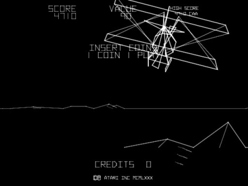 A black screen displays white vector-line graphics of a biplane at the top center, surrounded by geometric crossing lines suggesting a targeting reticle or aerial view. Text elements include 'SCORE 4110' in the upper left, 'VAULT 90' with additional numeric displays at the top right, and 'INSERT COINS' and 'PUSH' instructions in the center. A horizontal landscape horizon line runs across the middle section. At the bottom, 'CREDITS 0' appears in the left area, with 'ATARI INC MCMLXXX' in small text at the bottom center. The entire interface uses a stark monochrome vector-line art style typical of early 1980s arcade design.