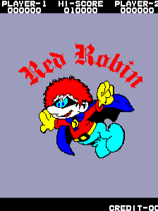 A cartoon character with a red and white outfit and yellow gloves leaps across the center of the screen, rendered as a red and blue sprite against a light gray background. The title 'Red Robin' appears in large red gothic lettering above the character. At the top of the screen, a score display reads 'PLAYER 1' with '000000', 'HI-SCORE' with '010000', and 'PLAYER 2' with '000000'. A black credit counter bar spans the bottom edge. The art style uses bright primary colors with thick outlines typical of mid-1980s arcade sprites.