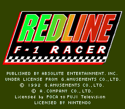 The title screen displays "REDLINE F-1 RACER" in large green and orange letters against a dark olive background, with a checkered racing flag pattern below. Publishing credits for Resolute Entertainment, Gremlin Graphics, and G Amusements Co. Ltd. appear in white text at the bottom, along with licensing information for Fuji Television. The logo uses a bold, angular pixel-art style typical of early 1990s SNES graphics.