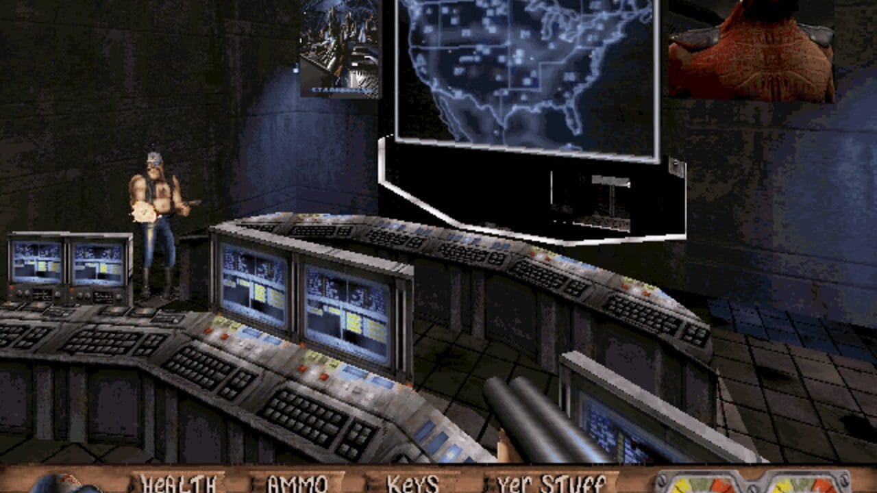 A first-person perspective shows a military control room interior with industrial metal architecture. A shirtless male character stands on the left near computer monitors displaying blue interface screens. Multiple control stations with keyboards and CRT monitors line the foreground, angled toward the viewer. A large wall-mounted screen displays a map of the United States with lightning effects. Posters and a red architectural model hang on the dark walls. A weapon sprite appears in the lower right corner of the screen. A brown status bar runs across the bottom showing health, ammo, keys, and other game statistics in yellow and white text.