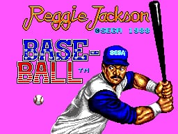 A vibrant magenta background dominates the title screen, with the game title "Reggie Jackson Baseball" displayed in large stylized text at the top in yellow and blue letters. Below the title sits a Sega logo and "TM" trademark symbol. A pixelated sprite of a baseball player wearing a blue cap and uniform occupies the center-right, holding a yellow baseball bat horizontally. The player is drawn in low-resolution sprite graphics typical of 1988 SMS games. A small white baseball is visible near the player's midsection. The overall composition uses the bright, limited color palette characteristic of early Sega Master System releases.