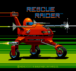 A red helicopter with orange rotor blades dominates the center of the screen, viewed from the side against a yellow-green ground and black sky. The title "RESCUE RAIDER" appears in blue uppercase letters at the top, with a targeting reticle visible in the upper right. Green horizontal scan lines run across the screen, characteristic of arcade display rendering. At the bottom, white text reads "@ [BALLY] MIDWAY MFG CO." The sprite-based graphics use a limited color palette typical of 1987 arcade hardware.