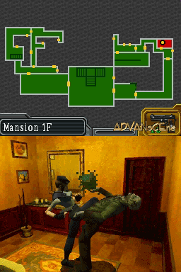 The upper half displays a green-outlined isometric mansion floor plan on dark background. The lower half shows a first-person view of a yellow-walled room with a character in dark clothing interacting with a corpse on the floor, framed photographs on the walls, a doorway, and a wooden door. The UI at bottom left reads 'Mansion 1F' with a small map indicator in the lower right corner.