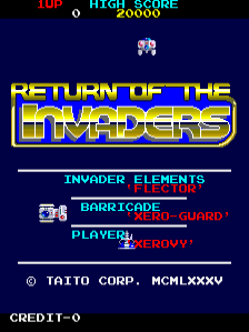 The title screen displays 'Return of the Invaders' in large yellow block letters across the center. At the top, a score counter reads '00000' with 'TOP' and 'HIGH SCORE' labels in red text. Below the title, 'INVADER ELEMENTS' appears in cyan, followed by three gameplay options: 'BARRICADE' with a cyan-colored guard icon, 'PLAYER1' in red with 'BRAVERY' status, and 'PLAYER2' in blue with 'NORMAL' status. A small pixelated spaceship sprite floats above the title. The copyright notice '© TAITO CORP. MCMLXXV' and 'CREDIT-0' appear at the bottom in white and cyan text respectively. The background is solid dark blue.