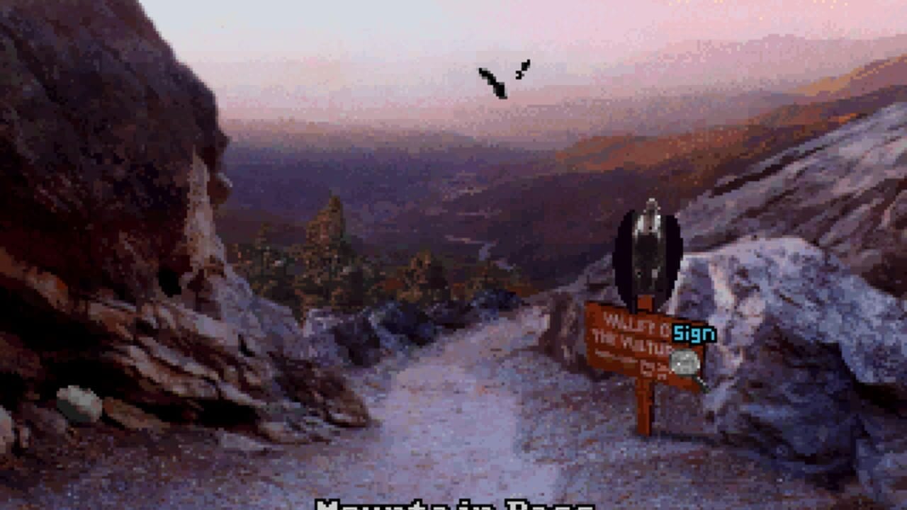 A mountainous landscape with rocky cliffs, evergreen trees, and a misty valley stretches across the screen in muted browns and blues. A wooden sign reading "WALK" in cyan lettering stands prominently on the right side of a dirt path. A dark-robed figure with white face markings stands upright near the sign. A black bird flies in the pink-tinged sky above. Pixelated terrain and low-resolution 3D rendering characterize the retro graphics style.
