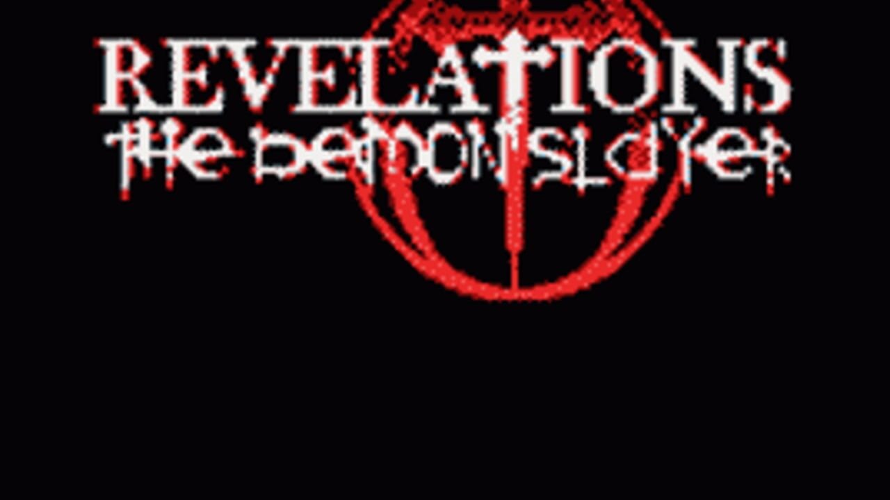 The title screen displays "REVELATIONS the Demon Slayer" in white pixelated text centered at the top against a solid black background. Below the text sits a large red circular symbol with a vertical line through its center and curved design elements, rendered in a thick outline style typical of 8-bit Game Boy graphics.
