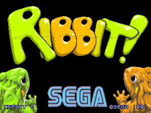 The title screen displays 'RIBBIT!' in large, colorful letters with yellow-green and orange shading against a black background. A green frog sprite appears on the left side and an orange frog sprite on the right side, both facing toward the center. The SEGA logo appears in blue text in the lower center, with a Sega Genesis/Mega Drive cartridge notation visible below it. The overall visual style uses bright, pixelated 8-bit graphics typical of early 1990s arcade releases.