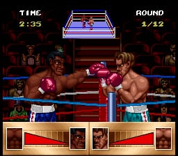 Two pixelated boxers face each other in the ring, both shirtless and wearing boxing gloves and shorts—one in red/pink and one in blue. The arena has a dark background with spectators visible. A blue-roped boxing ring surrounds them. The UI displays "TIME 2:35" in the upper left, "ROUND 1/12" in the upper right, and a status bar at the bottom showing portraits of both fighters with health indicators in brown and red sections.