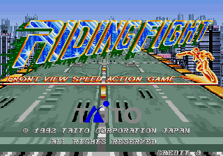 The title screen displays "RIDING FIGHT" in large stylized blue and green letters across the top, with a yellow cyclist figure on the right side. Below the title, white text reads "FRONT VIEW SPEED ACTION GAME." The background shows an overhead view of a street with lane markings and buildings lining both sides, rendered in light blues and grays. At the bottom, copyright text "© 1992 TAITO CORPORATION JAPAN" and "ALL RIGHTS RESERVED" appears in white, along with "CREDIT" text. A blue motorcycle sprite is visible in the center of the street view. The overall aesthetic uses 16-bit arcade sprite graphics with a vibrant color palette typical of early 1990s Taito arcade titles.