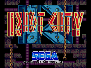 The Riot City title screen displays the game's logo in large orange and red pixelated letters with a blue outline, centered on a dark background filled with a repeating brick or tile pattern in purple and gray. Below the title, the SEGA logo appears in blue, followed by copyright text stating '©1991 SEGA-BESTUNE'. The visual style is characteristic of early-1990s arcade graphics, with low-resolution sprites and a limited color palette dominated by blues, oranges, and dark purples.