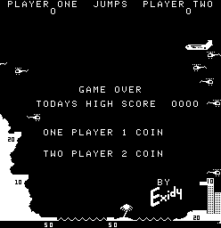 The title screen displays "GAME OVER" centered on a black background with white text. Below it reads "TODAYS HIGH SCORE 0000" and coin insertion options for "ONE PLAYER 1 COIN" and "TWO PLAYER 2 COIN". At the top of the screen, "PLAYER ONE JUMPS" and "PLAYER TWO" labels appear left and right. A white silhouette of a skydiver with parachute is visible in the upper left corner, mirrored on the upper right. The bottom shows a wavy water line with pixelated waves and a small parachute icon descending toward it. Developer credit "BY EXIDY" appears in the lower right corner.