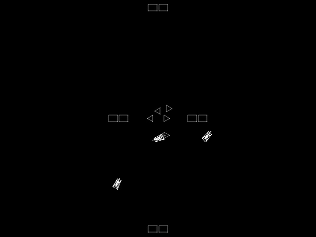 A black screen displays white vector-drawn elements representing a space scenario. Two triangular shapes resembling enemy craft or asteroids appear in the center, flanked by rectangular boxes on either side. Three white rocket or missile shapes are scattered across the screen—two in the right-center area and one in the lower-left. Additional rectangular boxes outline appear near the top and bottom of the screen. The minimalist vector graphics use thin lines typical of early vector arcade games.