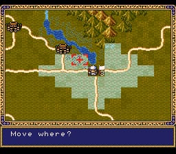 A top-down tactical map displays a cross-shaped terrain layout with alternating green and light blue tiles representing different ground types. A blue river winds through the center, with brown structures and buildings positioned throughout. Sprite-based units and military formations are scattered across the map in various locations. A decorative gold-bordered frame surrounds the entire view. At the bottom, a dark blue menu bar displays white text reading 'Move where?' indicating an active player turn or unit selection prompt. The art style uses the SNES's characteristic 16-bit sprite graphics with a muted earth-tone color palette.