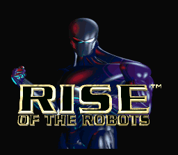 A metallic blue and silver robot figure dominates the center of the screen against a black background. The robot has a sleek, humanoid design with red accents on its head. Below the character, the yellow title text reads "RISE OF THE ROBOTS" in a bold, blocky font with a metallic outline effect. A small colorful icon appears to the left of the title, and the Game Gear platform indicator and developer credit are visible in smaller text at the bottom right of the screen.