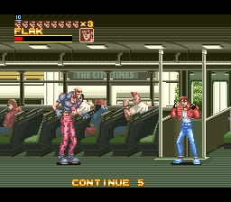 A beat-em-up scene inside a bus with a player character in colorful clothing standing near the right side facing a seated opponent. Several other passengers sit in green seats throughout the interior. The top of the screen displays a health bar labeled "FLEX" with a yellow meter, and a score indicator in the upper left. Yellow text reading "CONTINUE 5" appears at the bottom in a sans-serif font. The sprite-based graphics use a limited color palette typical of early-1990s SNES games, with a parallax background showing the bus interior's greenish tones.
