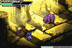 A top-down dungeon view shows a character sprite in the center of a yellow-lit stone chamber with carved architectural details on the walls. Three purple enemy sprites are positioned around the character, with a UI panel at the top-left displaying game title and status information. The art uses hand-drawn sprite graphics typical of GBA-era RPGs, with warm golden lighting effects and detailed background tilework.