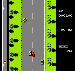 A vertical-scrolling racing game displays a gray asphalt road with white center dividing lines down the middle. Two yellow and orange race cars occupy the road, one near the top center and another lower. Bright lime-green trees line both sides of the road in repeating patterns. The top-right corner shows UI elements including "1P 000100" score display, "400 kmh" speed indicator, "FUEL" label, and "OS4" fuel gauge. Black borders frame the left and right edges of the screen.