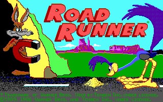 The title screen displays "ROAD RUNNER" in large red letters across the top center. Below, a cartoon roadrunner character in yellow and red stands on green terrain on the left side, with purple and magenta scenery elements visible on the right. A coyote character in red appears to the far left. The background shows a light cyan sky with green ground and pixelated sprite graphics typical of late 1980s DOS-era adventure games.