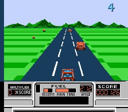 A first-person perspective road racing scene displays a dark asphalt highway with white center lane markings stretching toward the horizon. Two orange enemy vehicles appear ahead on the road. Layered green hills form the background in a parallax scrolling effect. The HUD shows a score panel at the bottom with fuel gauge, multiplier display, and current score readout. A blue sky with the number 4 appears at the top of the screen. Pixelated 8-bit sprite graphics render the vehicles and landscape in typical NES resolution.