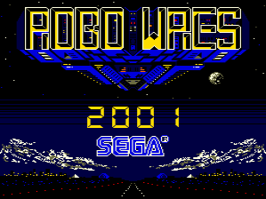 The title screen displays 'ROBO WRES' in large yellow pixelated letters at the top, with blue electrical effects beneath. The year '2001' appears centered below in yellow text. The SEGA logo is positioned in the lower half in blue. The background is solid black with white pixel stars scattered across it, and blue lightning bolt designs frame the top and bottom edges. Low-resolution pixel art is consistent throughout in a classic arcade style.