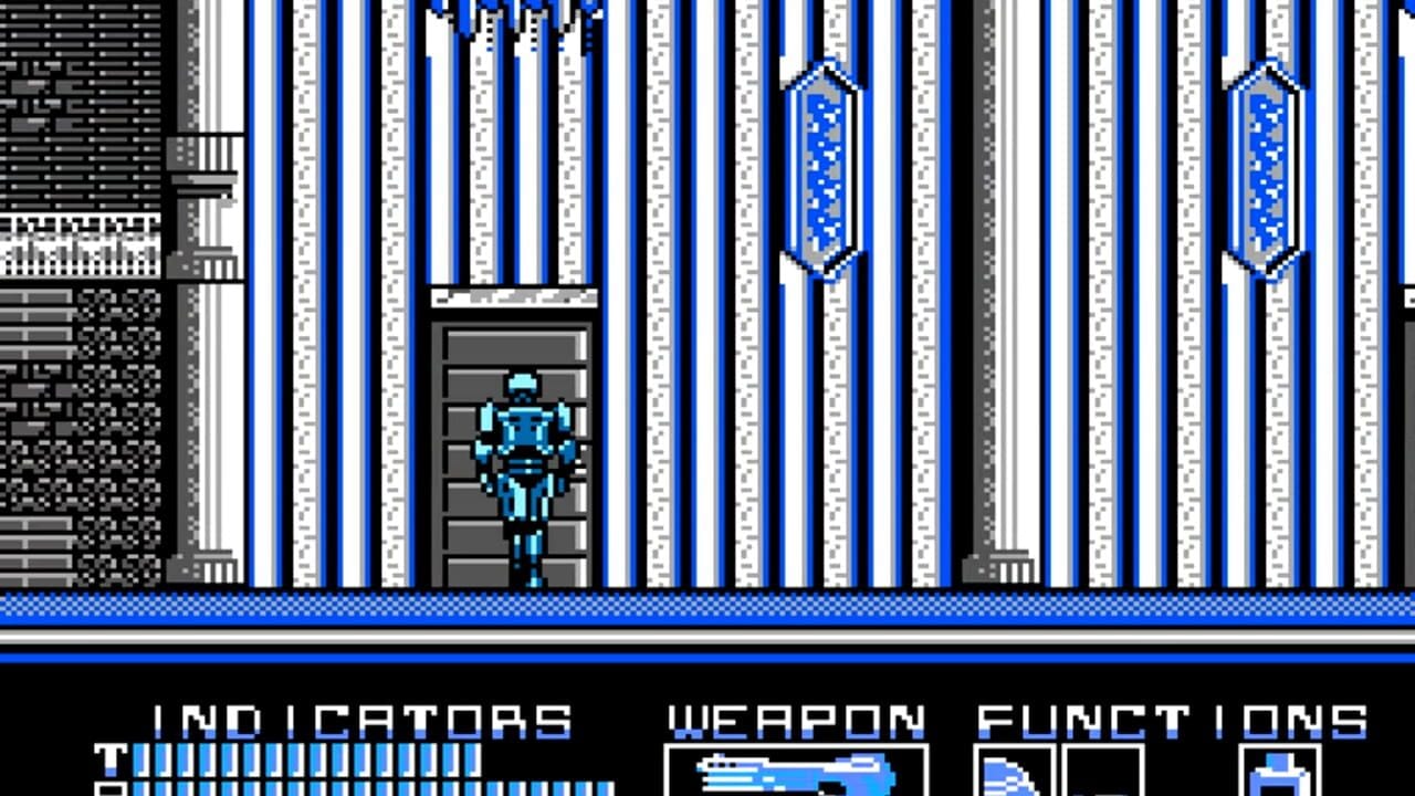 A cyan-colored RoboCop sprite stands in a futuristic corridor with vertical blue and white striped walls, two tall blue gem-like objects hanging from above, and gray metallic doorways on either side. The bottom UI panel displays "INDICATORS" and "WEAPON FUNCTIONS" labels with weapon and status icons in a black band. The sprite uses pixelated 8-bit graphics typical of NES-era games, with a stark color contrast between the character and the geometric environment.