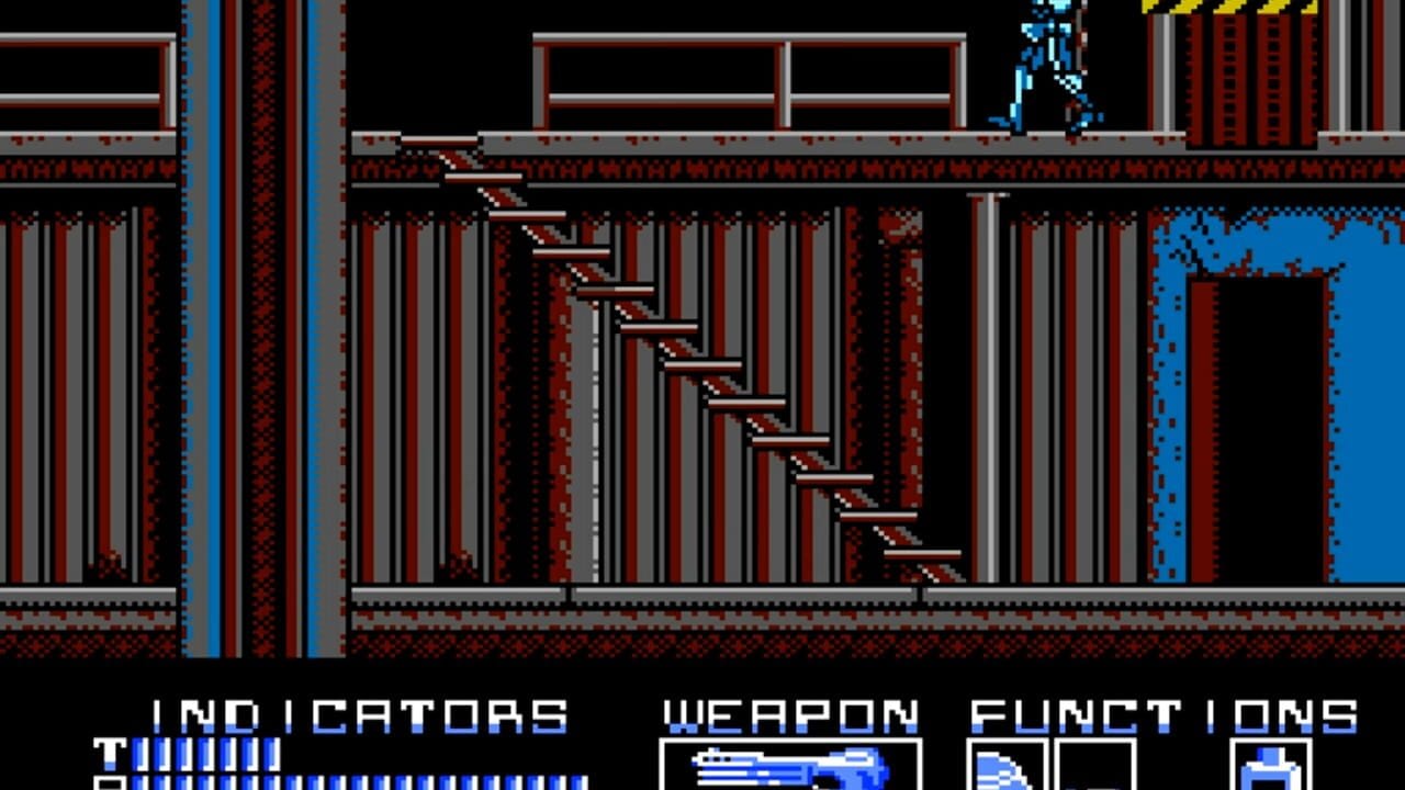 An industrial interior level featuring vertical red and gray striped metal walls with a descending staircase running diagonally across the center. A small blue humanoid figure stands in the upper right corner. The bottom of the screen displays UI elements including an "INDICATORS" section with a blue bar graph on the left, a "WEAPON FUNCTIONS" panel in the center showing a rifle sprite, and additional interface icons on the right. The color palette uses red, gray, blue, and black on a black background.