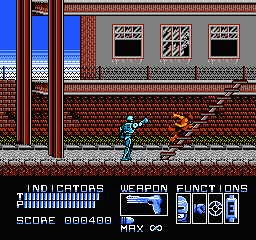 RoboCop stands in the center of a brick building interior, facing right with his arm raised. An orange-suited enemy is visible to his right. The HUD displays ammunition counters at the bottom left, a radar/targeting screen in the center, and status information on the right showing "MAX 60". The level features brown brick walls, red brick flooring, and blue sky visible through a window on the left. Red and brown brick pattern fills the background. Pixel-art sprites are rendered in the NES's standard resolution with a limited color palette.