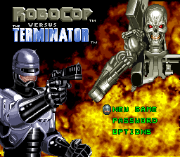 The title screen displays "RoboCop versus Terminator" logo at top left in metallic gray text. On the left stands RoboCop in silver armor holding a large handgun. On the right is the T-800 Terminator with an exposed metal skull and glowing red eye, shown in a skeletal metallic form. Explosions with orange and yellow flames fill the background. Below the characters are menu options in cyan text reading "START GAME", "CONTINUE", "SOUND" and "OPTIONS". The overall color scheme uses dark backgrounds with bright metallics and fire effects, typical of 16-bit Genesis-era graphics.