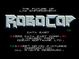The title screen displays "ROBOCOP" in large metallic blue lettering at center, with "THE FUTURE OF LAW ENFORCEMENT" text above it in thin futuristic font. Below the title, "DATA EAST" appears in red text with a trademark symbol. Copyright information for Data East Corp and Orion Pictures is shown in small white and red text, followed by a 1987 Orion Pictures credit line. The background is black, and the entire layout uses a simple arcade-style presentation typical of 1988 arcade cabinets.