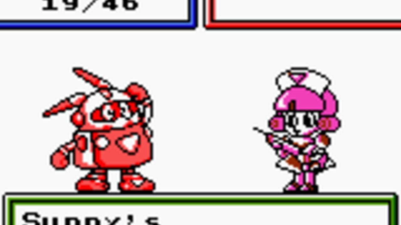 A battle screen displays two pixelated robot characters facing each other on a horizontal green-bordered platform. On the left stands a red and white robot with angular limbs and horns, while on the right is a magenta and white robot with a rounded upper body and hair-like protrusions. Both sprites use the Game Boy's limited color palette typical of late-era GB games. A blue-bordered panel appears at the top of the screen, with partially visible text reading '19/48'. The bottom shows a green-bordered menu area with 'Sunny's' text beginning to display.