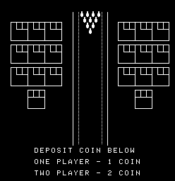 The title screen displays two vertical columns of rectangular blocks representing bowling pins arranged on a black background. A centered vertical white line divides the left and right sides symmetrically. Below the pin formations, white text reads "DEPOSIT COIN BELOW" followed by coin requirement information: "ONE PLAYER - 1 COIN" and "TWO PLAYER - 2 COIN". The layout uses simple white line graphics typical of mid-1970s arcade vector displays.
