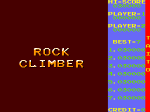 The title screen displays 'ROCK CLIMBER' in large yellow pixelated text centered on a dark red background. The right side shows a vertical score panel with blue header sections labeled 'HI-SCORE', 'PLAYER-1', 'PLAYER-2', and 'BEST', followed by rows of six-digit numerical scores in yellow text on blue backgrounds, arranged in a continuous list down the right edge of the screen.