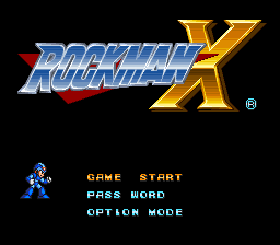The Rockman X title screen features the large blue and gold logo at the top with a red banner accent and registered trademark symbol. Below the logo sits a blue pixel-art sprite of Mega Man X on the left side. Three menu options appear in cyan text on the right: GAME START, PASS WORD, and OPTION MODE. The background is black.