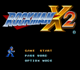 The Rockman X2 title screen displays the blue and yellow logo at the top center, rendered in a stylized metallic font with red and blue coloring. Below the logo, a small blue sprite of the protagonist stands on the left side. Three cyan-colored text options appear centered on a black background: 'GAME START', 'PASS WORD', and 'OPTION MODE'. The overall composition uses the SNES's 16-bit color palette with a dark background and bright neon-colored text typical of early 1990s action game menus.