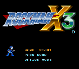 The title screen displays the Rockman X3 logo prominently at the top in blue metallic lettering with a yellow X. A blue Mega Man X sprite stands on the left side in a standard pose. Below the logo, three menu options appear in cyan text: GAME START, PASS WORD, and OPTION MODE, aligned vertically. The background is black with a registered trademark symbol visible in the lower right. The overall aesthetic uses 16-bit sprite graphics typical of SNES-era Capcom games.