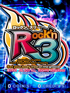 The title screen displays a large orange and red 'Rock'n 3' logo with stylized lettering against a blue electric-themed background filled with glowing particle effects and lightning streaks. Below the logo, white text lists game credits and information. At the bottom of the screen, two meter displays read '0 COININS' and '0 CREDITS' in cyan text. The overall visual style uses bright neon colors typical of late-1990s arcade cabinet aesthetics.