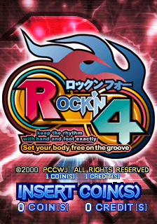 The title screen displays a large red and blue stylized logo for Rock'n 4 with flowing design elements. Below sits a circular yellow and red badge with the letter R, followed by the game's Japanese title ロックンフォー in blue text. A subtitle reads "Let your body twist on the groove." At the bottom, copyright information for PCCWJ and 2000 is shown, alongside an INSERT COINS prompt with coin and credit counters both displaying zero.