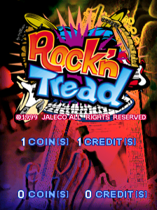 The title screen displays a large colorful logo reading 'Rock'n Tread' in red and blue letters with yellow star burst effects radiating outward. Below the logo sits a copyright notice for Jaleco and all rights reserved. At the bottom of the screen, coin and credit counters show '1 COIN(S) 1 CREDIT(S)' in the upper section and '0 COIN(S) 0 CREDIT(S)' in the lower section, rendered in white text against a dark background. The overall composition uses a bright, energetic arcade aesthetic with explosive graphic elements framing the text.